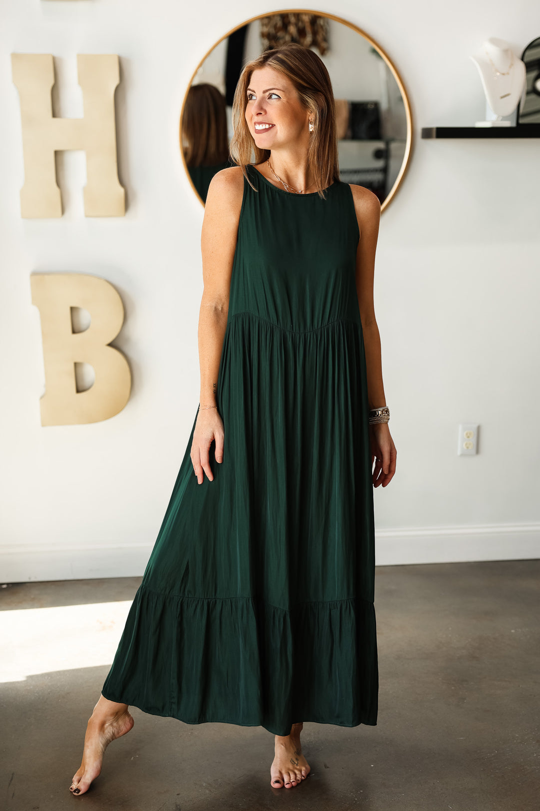 Satin Tiered Maxi Dress - Deep Emerald