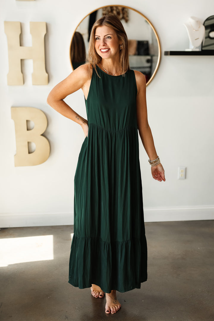 Satin Tiered Maxi Dress - Deep Emerald