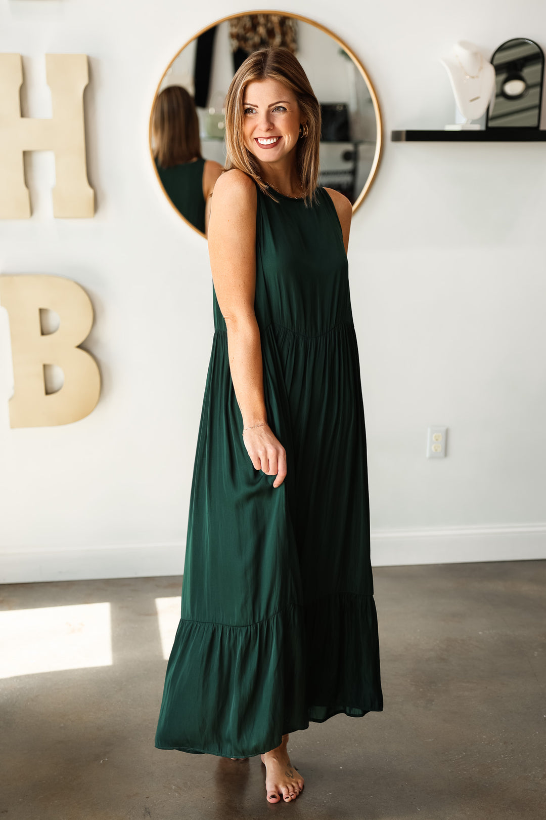 Satin Tiered Maxi Dress - Deep Emerald