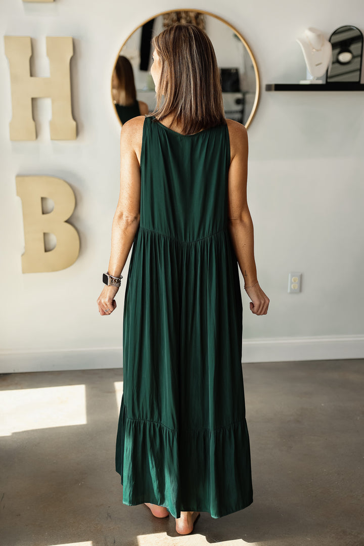 Satin Tiered Maxi Dress - Deep Emerald