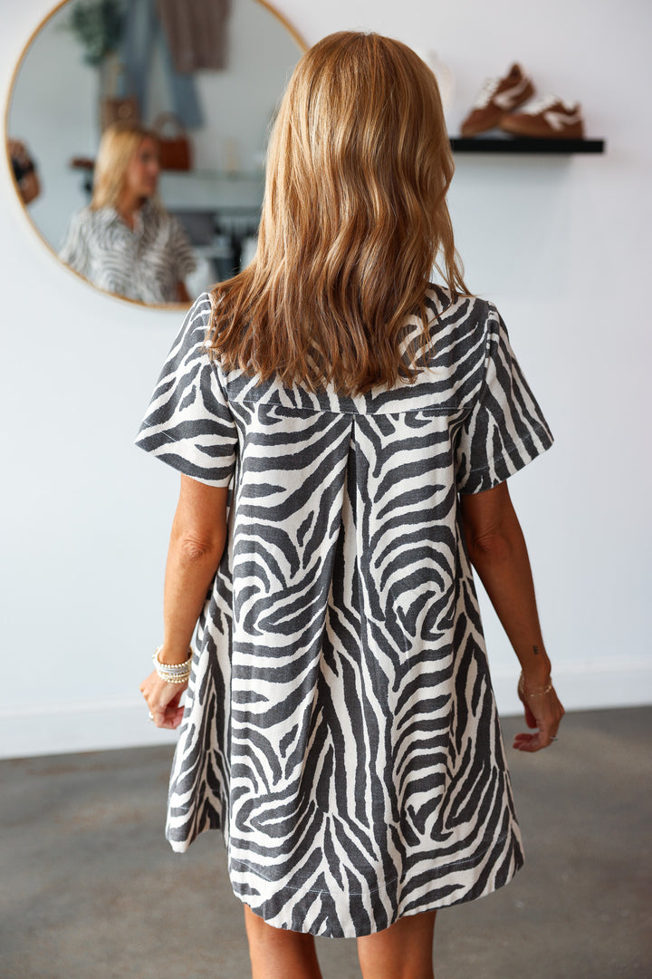 Animal Print Denim Dress - Cream/Black