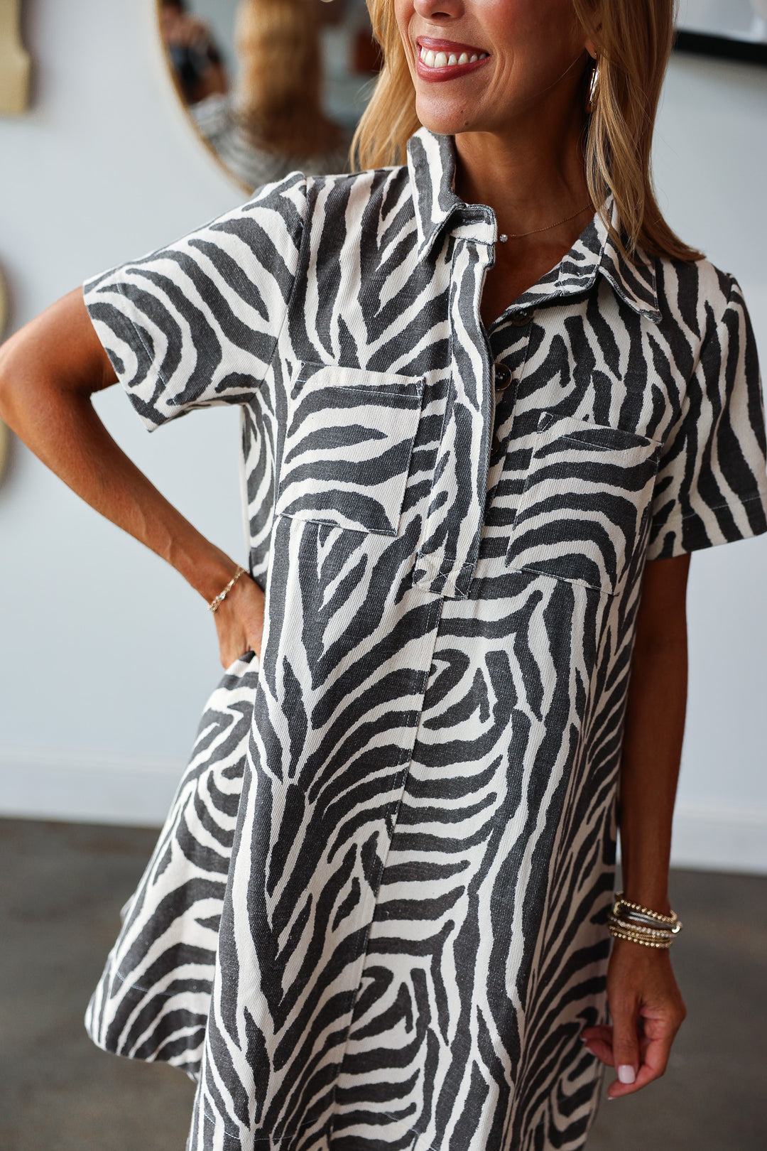 Animal Print Denim Dress - Cream/Black