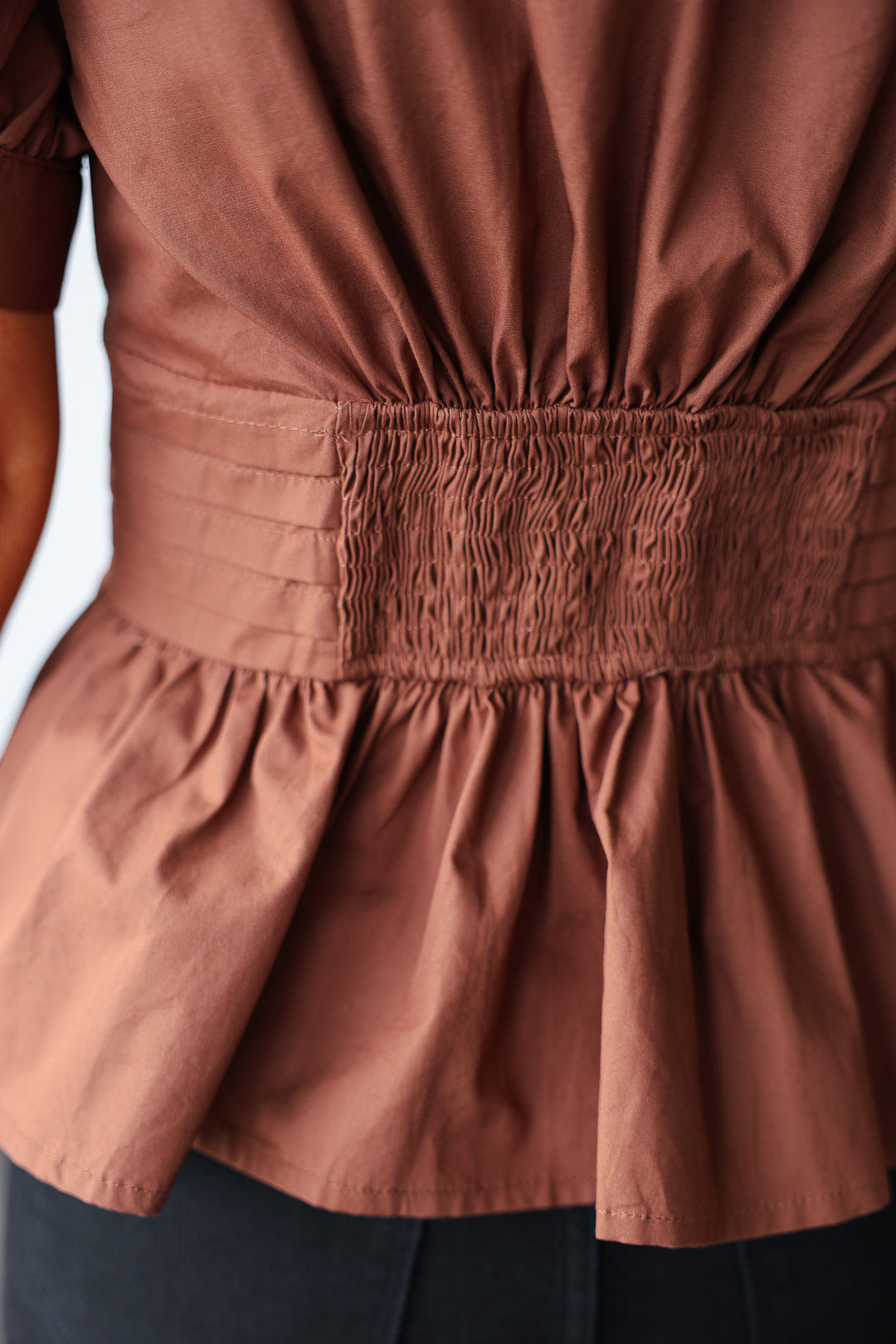 Tie Waist Peplum Top - Brown