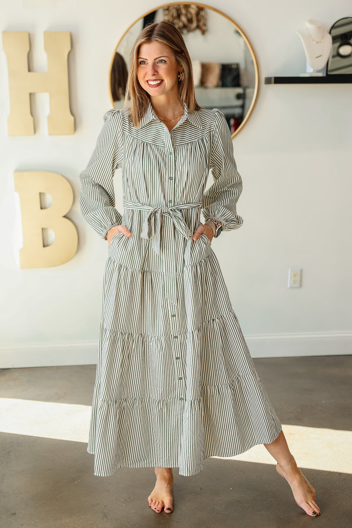 Long Sleeve Striped Maxi Dress - Olive