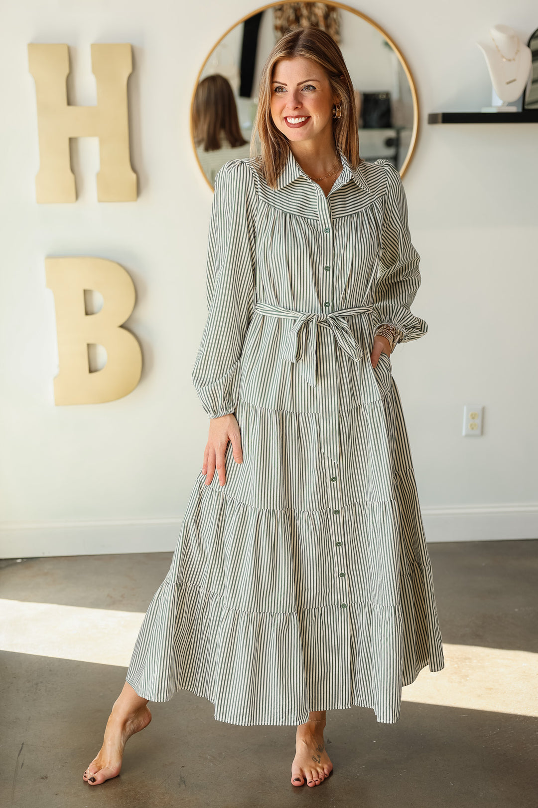 Long Sleeve Striped Maxi Dress - Olive