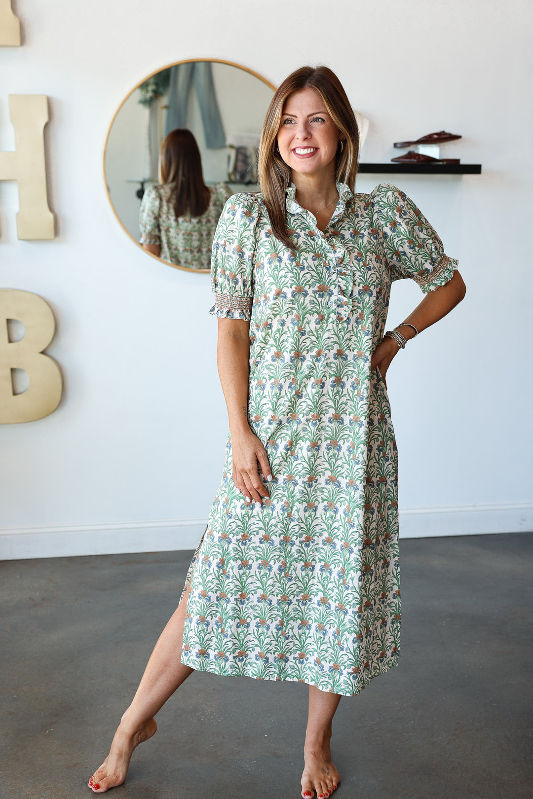 Ruffle Neck Printed Dress - Ecru