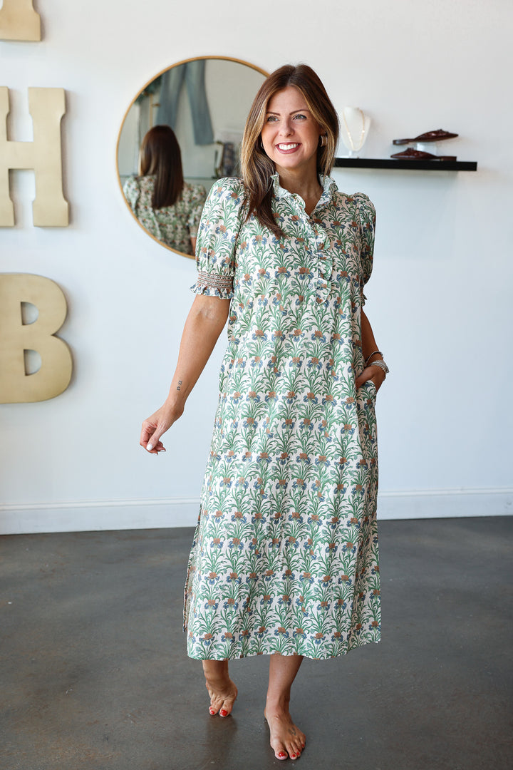 Ruffle Neck Printed Dress - Ecru
