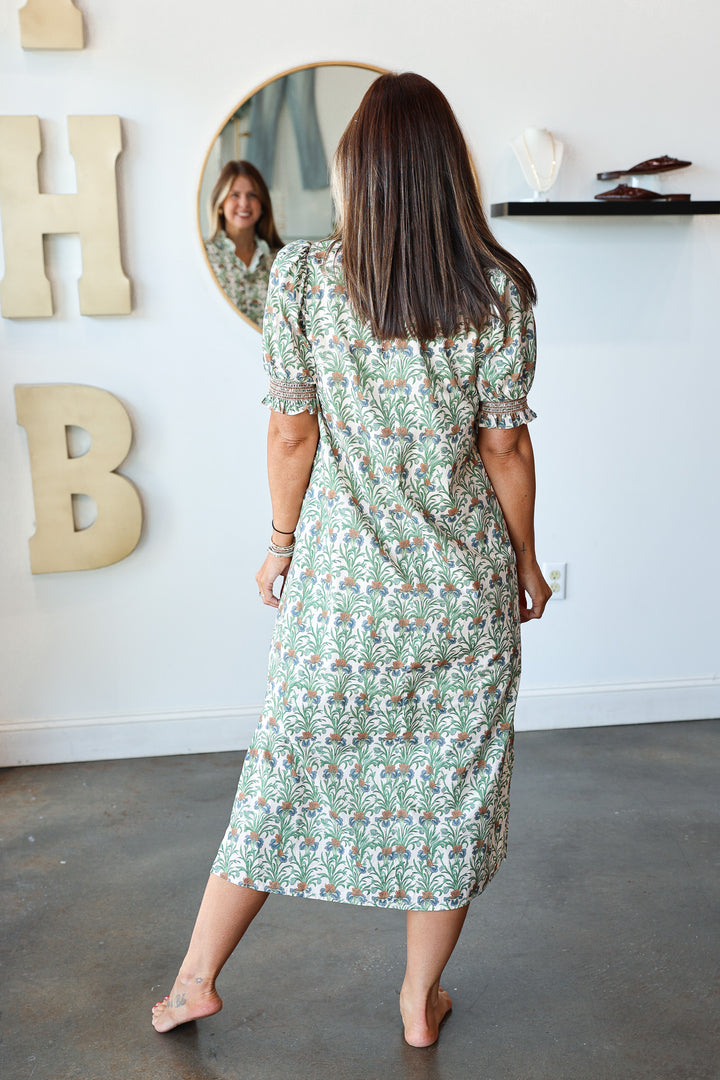 Ruffle Neck Printed Dress - Ecru