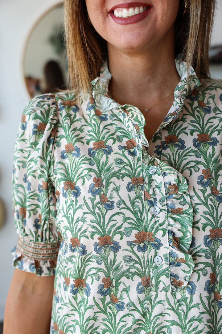 Ruffle Neck Printed Dress - Ecru