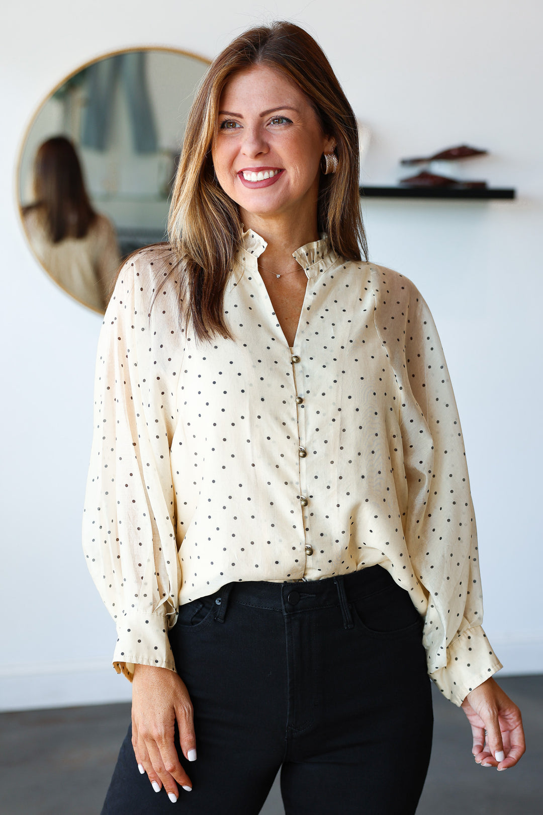 Polka Dot Button Front Top - Ecru