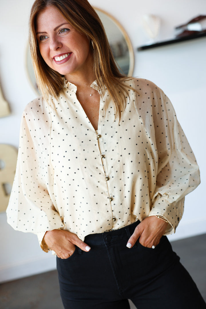 Polka Dot Button Front Top - Ecru
