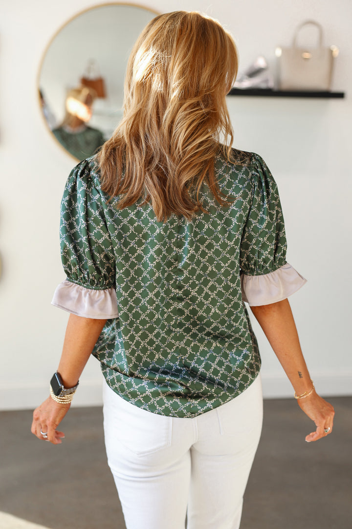 Ruffle Detail Printed Top - Olive