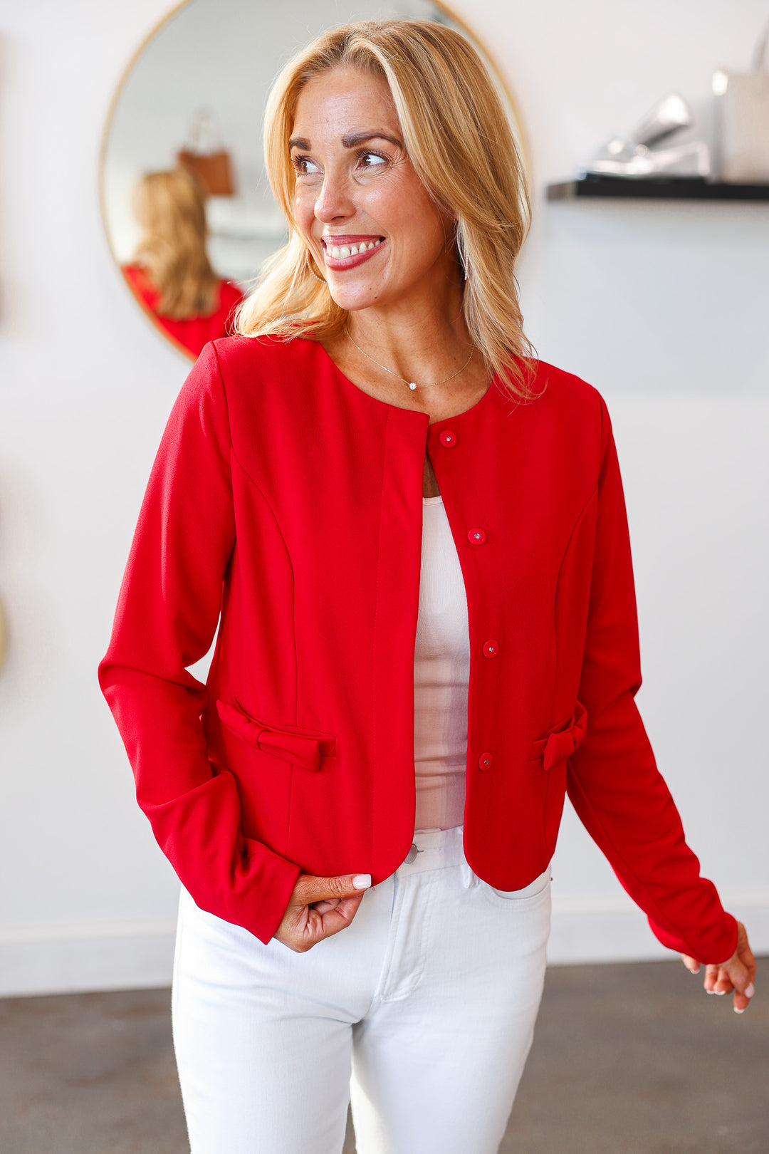 Bow Pocket Ponte Jacket - Red