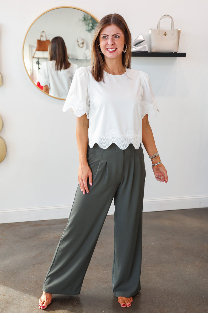 Wide Leg Dress Pants - Dark Green