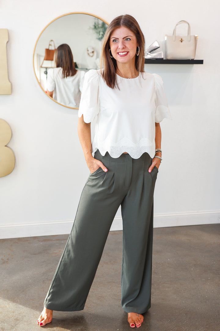 Wide Leg Dress Pants - Dark Green