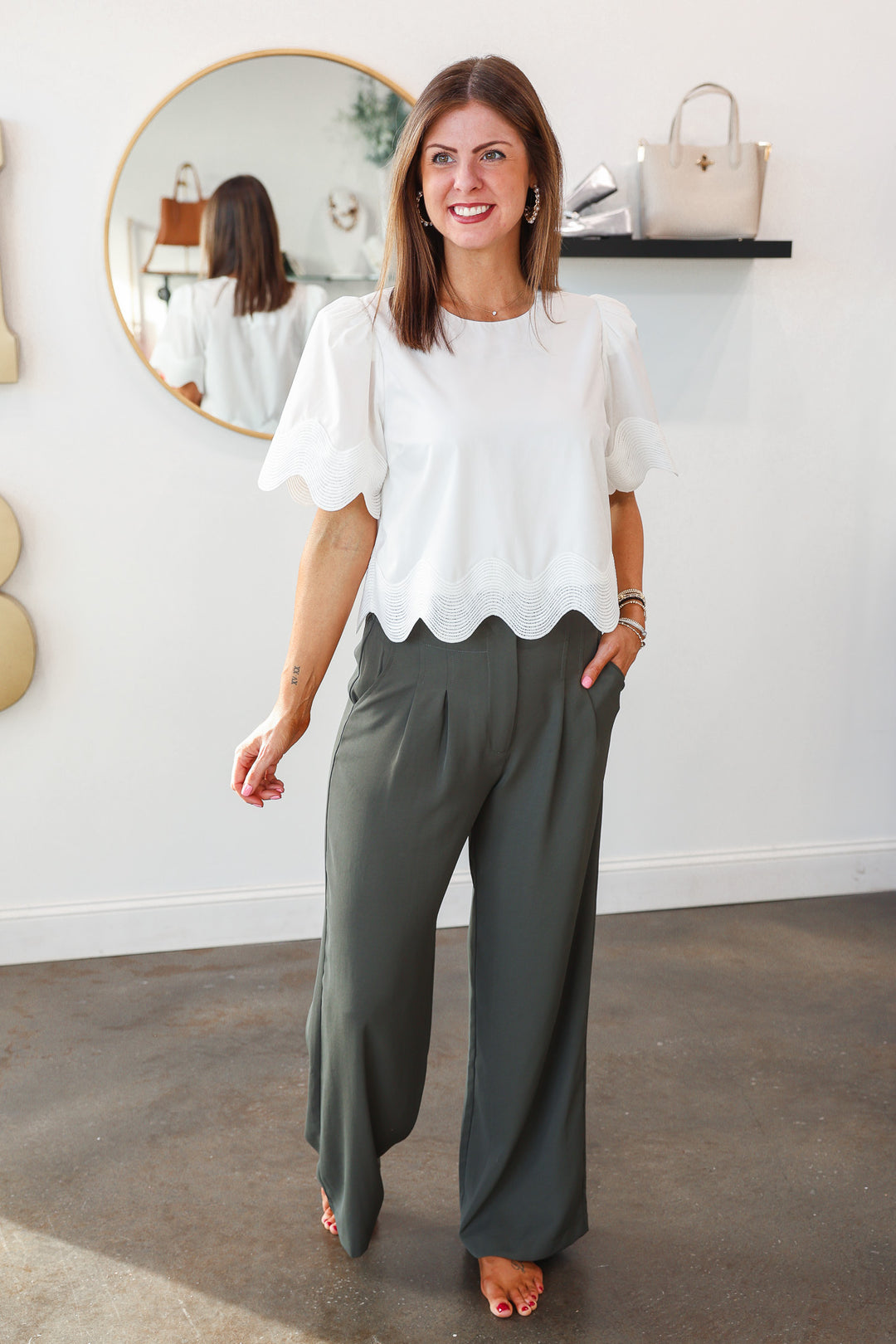 Wide Leg Dress Pants - Dark Green