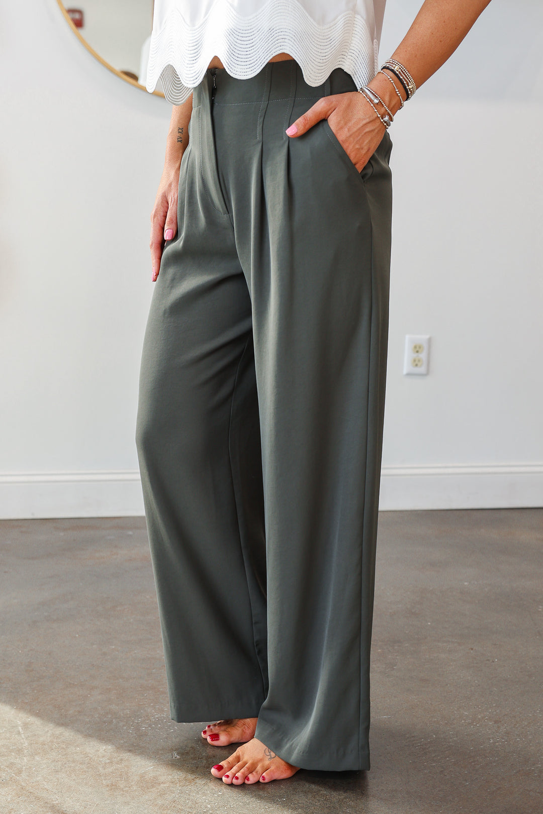 Wide Leg Dress Pants - Dark Green