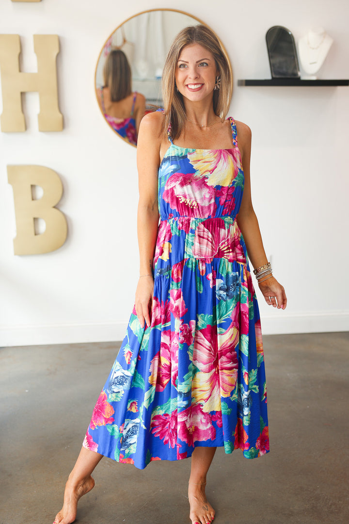 Braided Strap Floral Maxi Dress - Blue