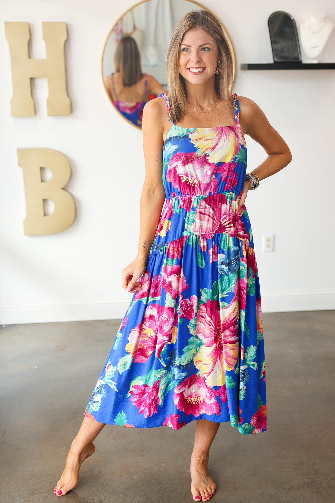 Braided Strap Floral Maxi Dress - Blue