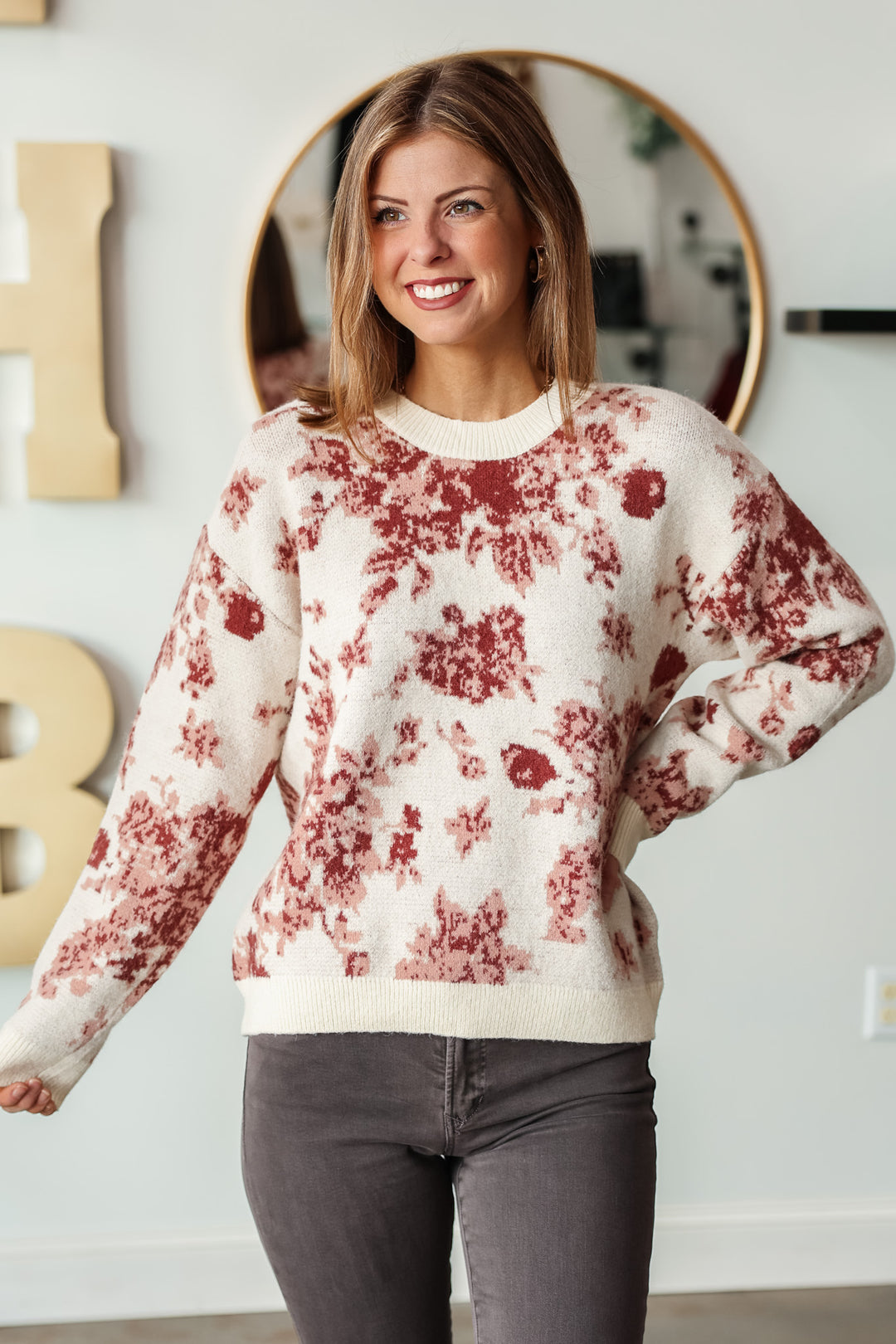 Floral Brushed Sweater - Cream/Rose