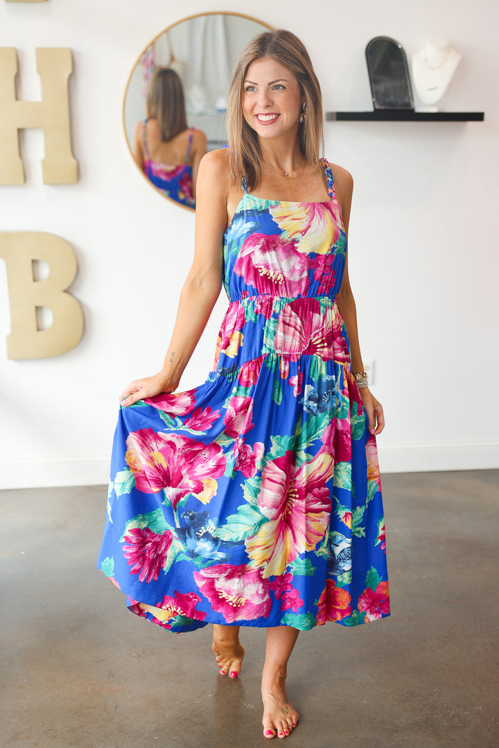 Braided Strap Floral Maxi Dress - Blue