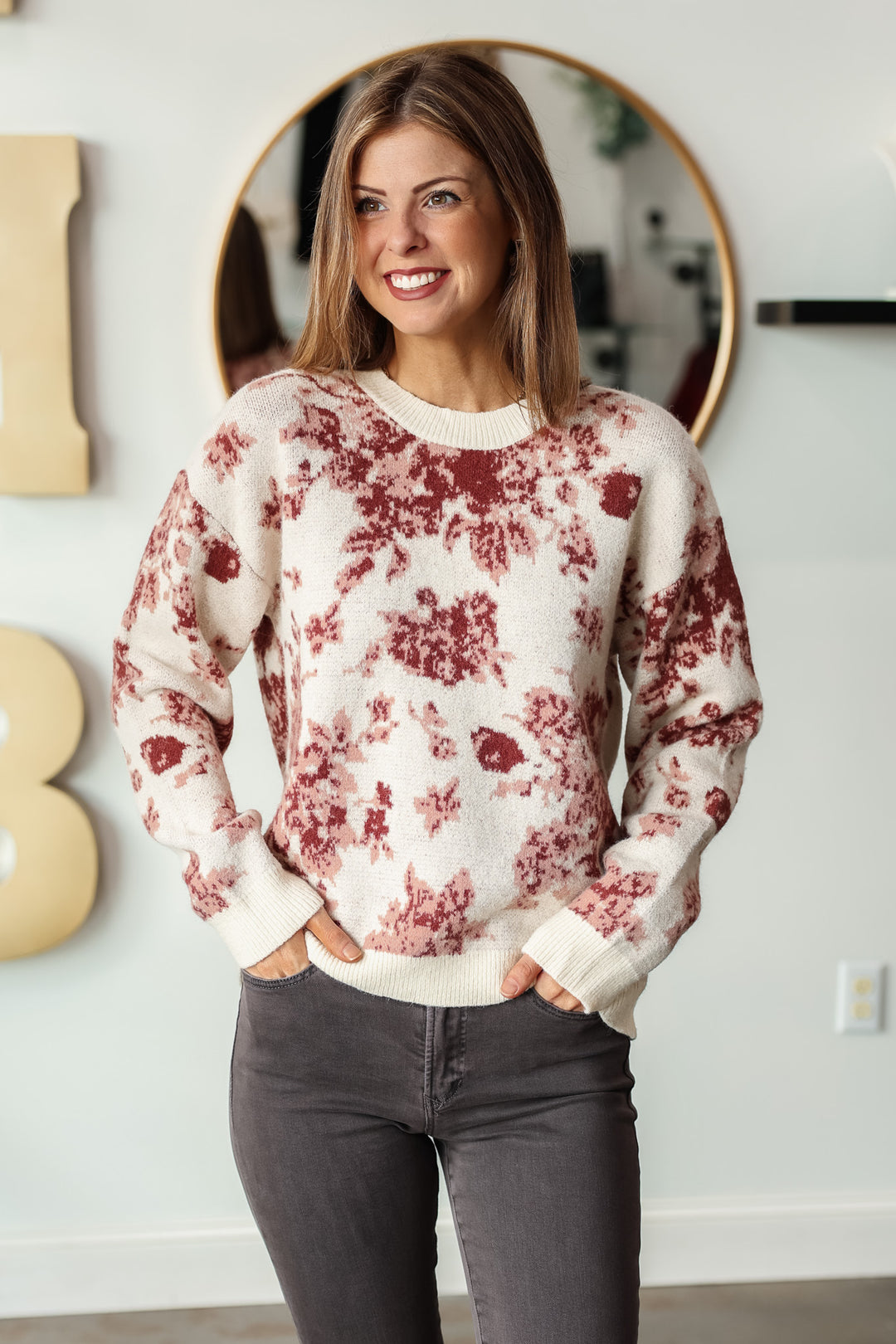 Floral Brushed Sweater - Cream/Rose