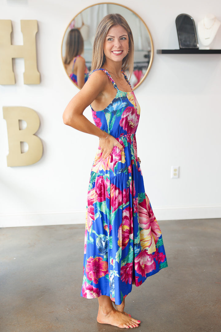 Braided Strap Floral Maxi Dress - Blue
