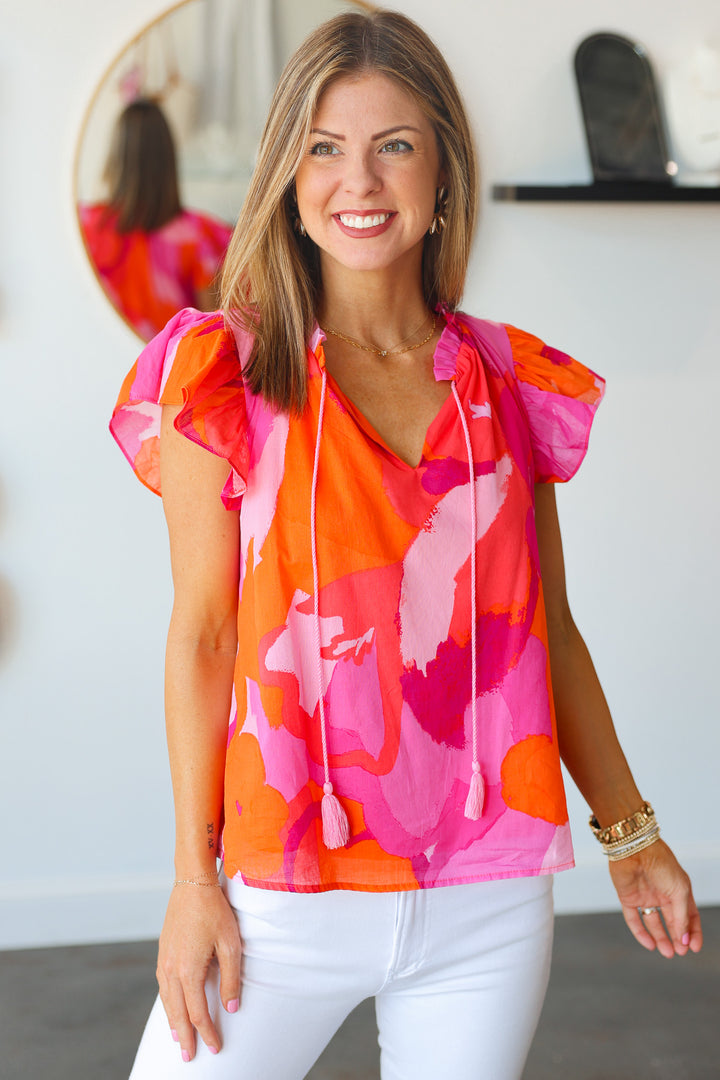 Printed Tassel Tie Top - Pink