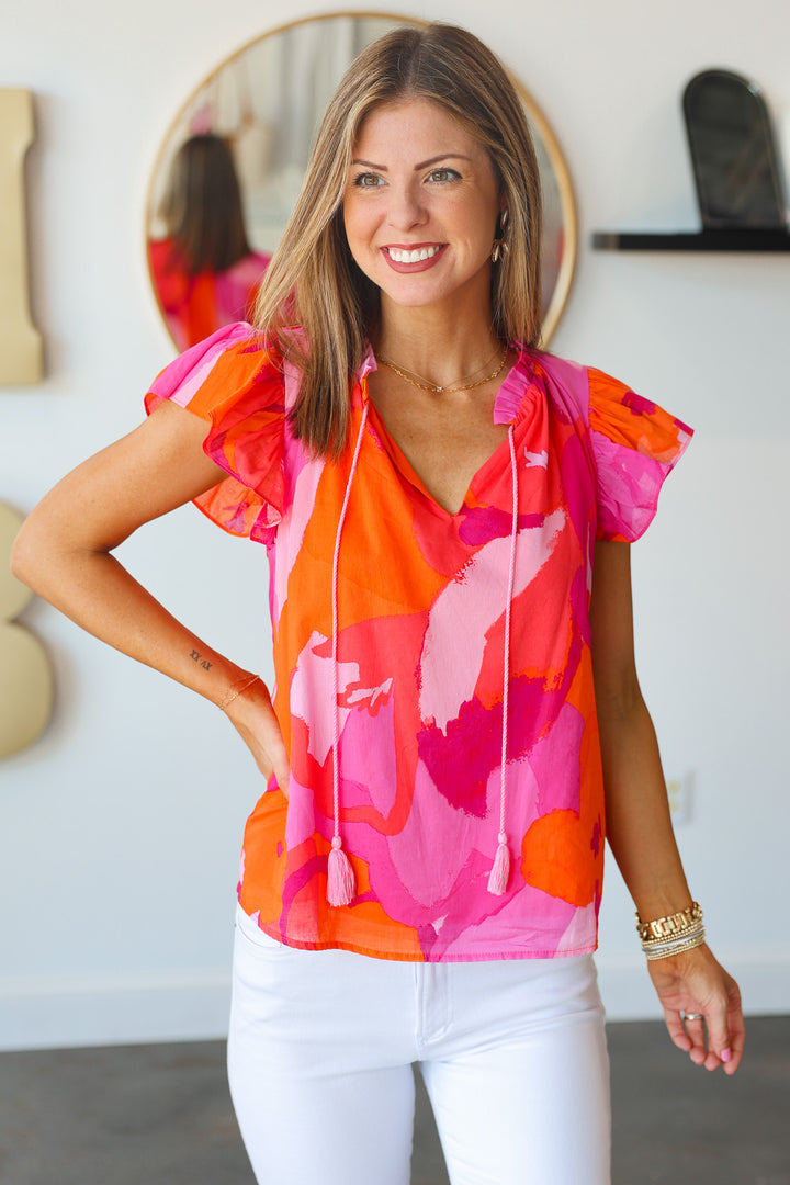 Printed Tassel Tie Top - Pink