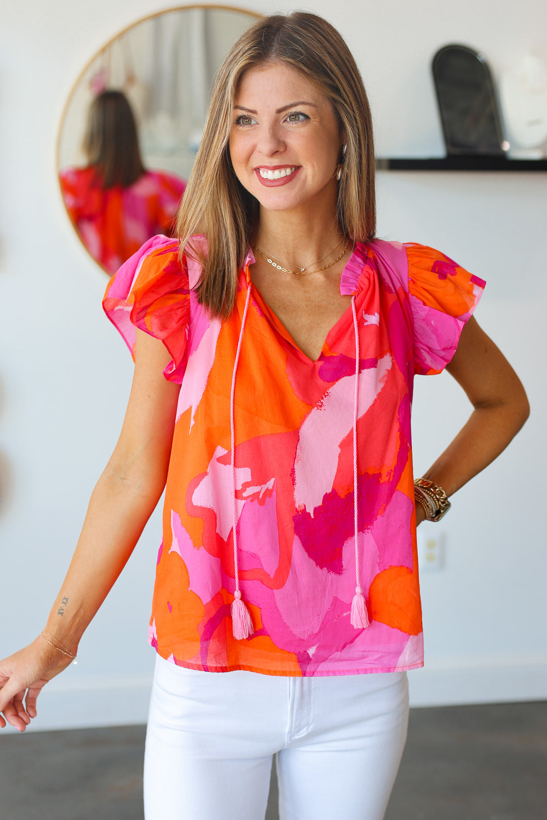 Printed Tassel Tie Top - Pink