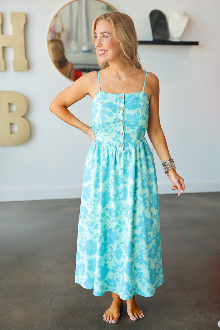 Button Front Floral Dress - Seafoam