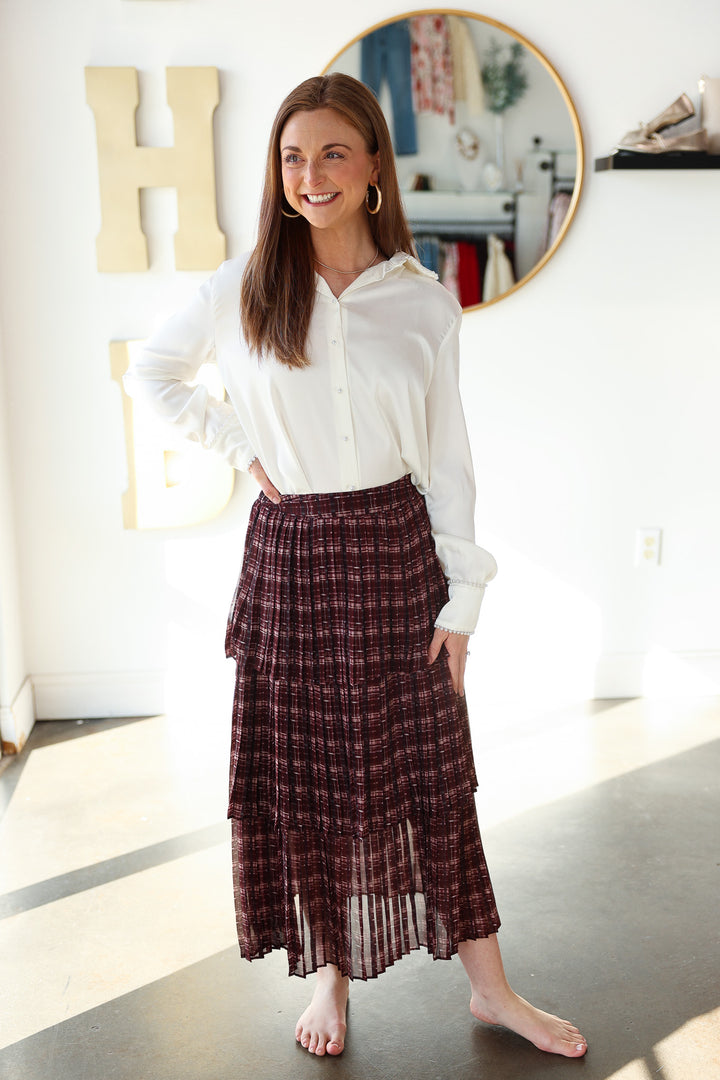 Pleated Tiered Skirt - Burgundy