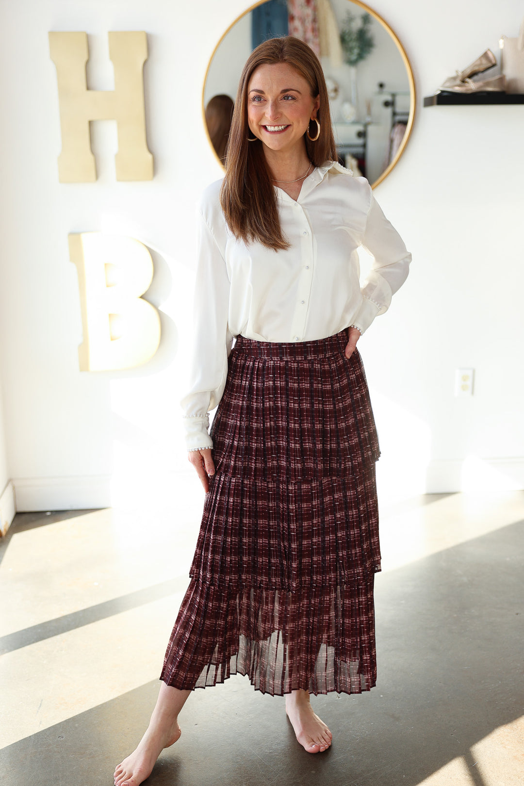 Pleated Tiered Skirt - Burgundy