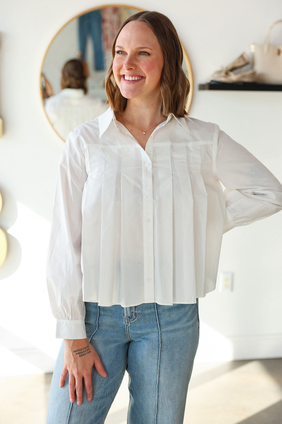 Pleated Button Down Top - White