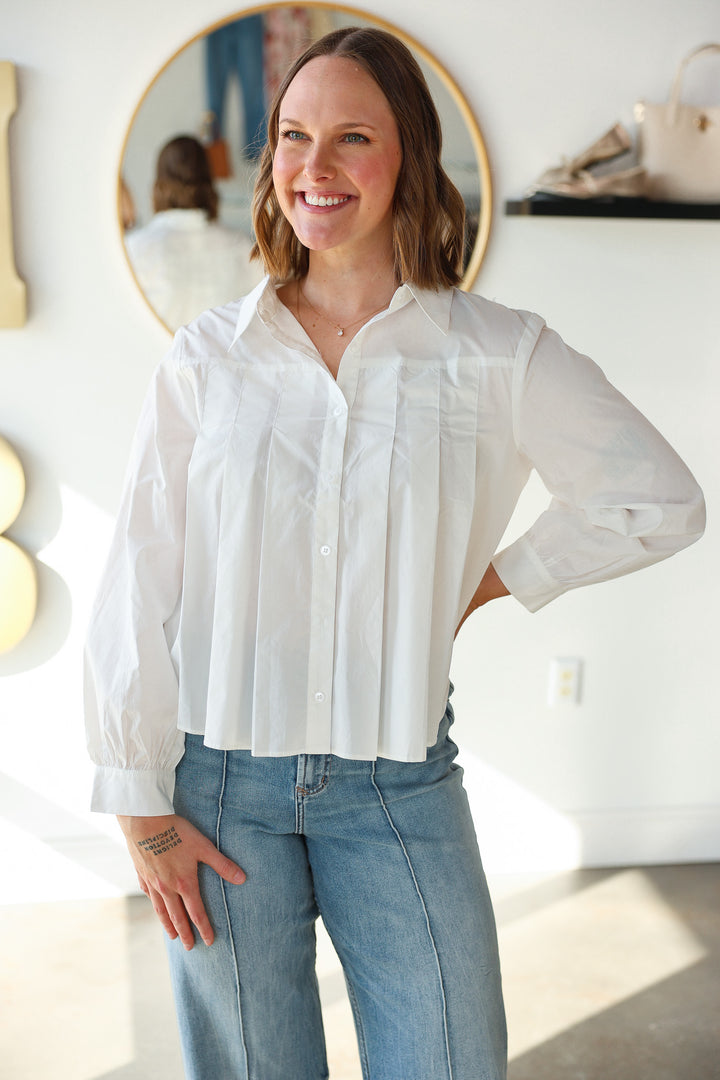 Pleated Button Down Top - White