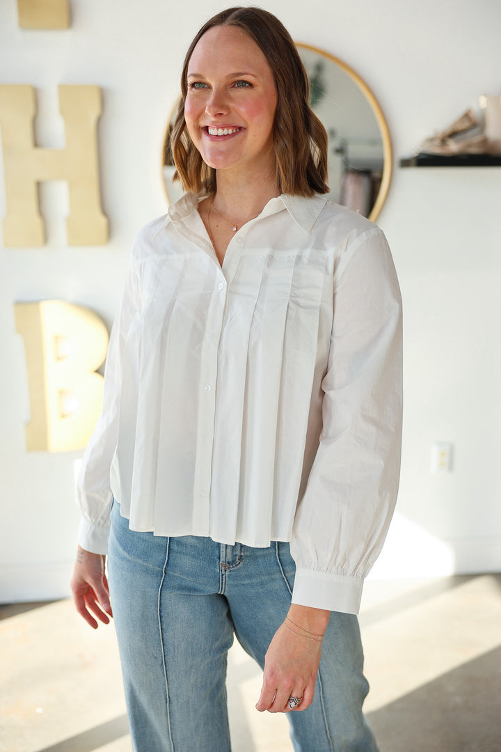 Pleated Button Down Top - White