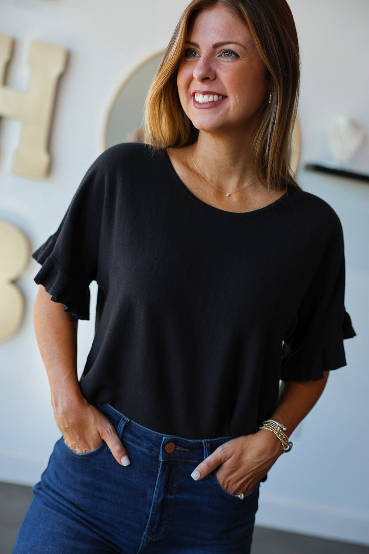 Ruffle Sleeve Top - Charcoal