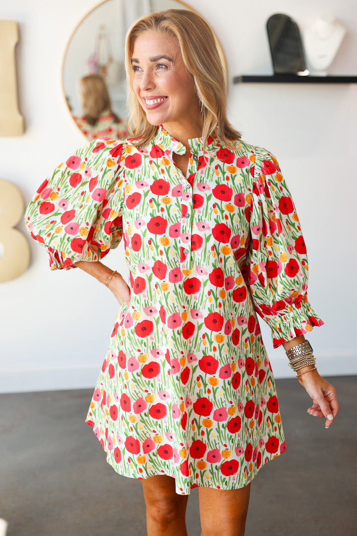 Ruffle Neck Floral Dress