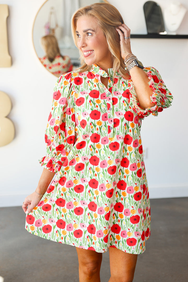 Ruffle Neck Floral Dress