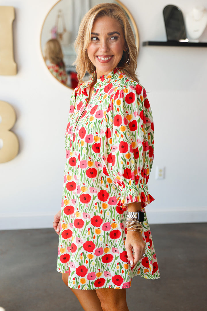 Ruffle Neck Floral Dress