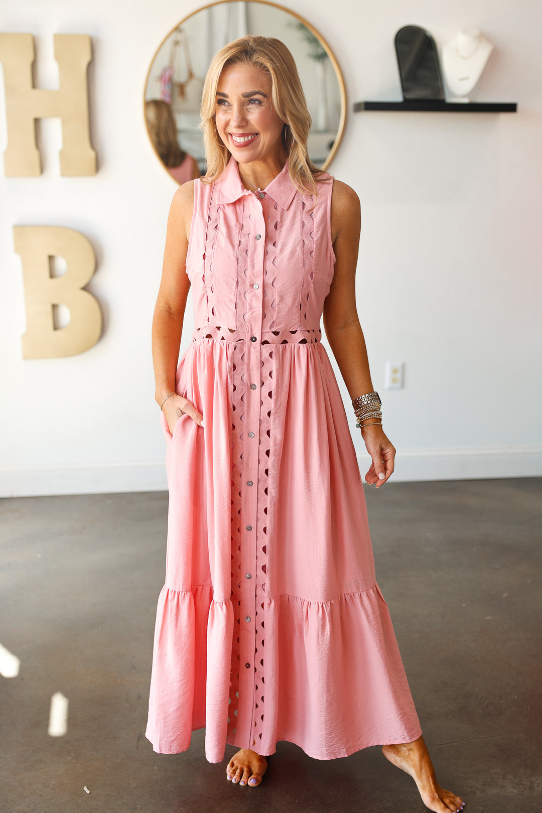 Wave Trim Maxi Dress - Pink
