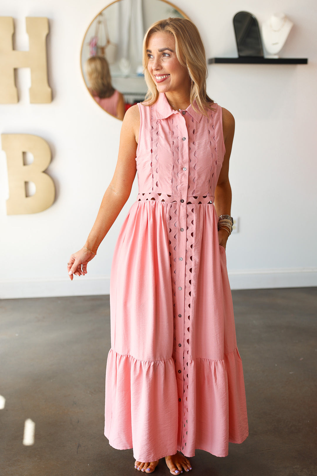 Wave Trim Maxi Dress - Pink