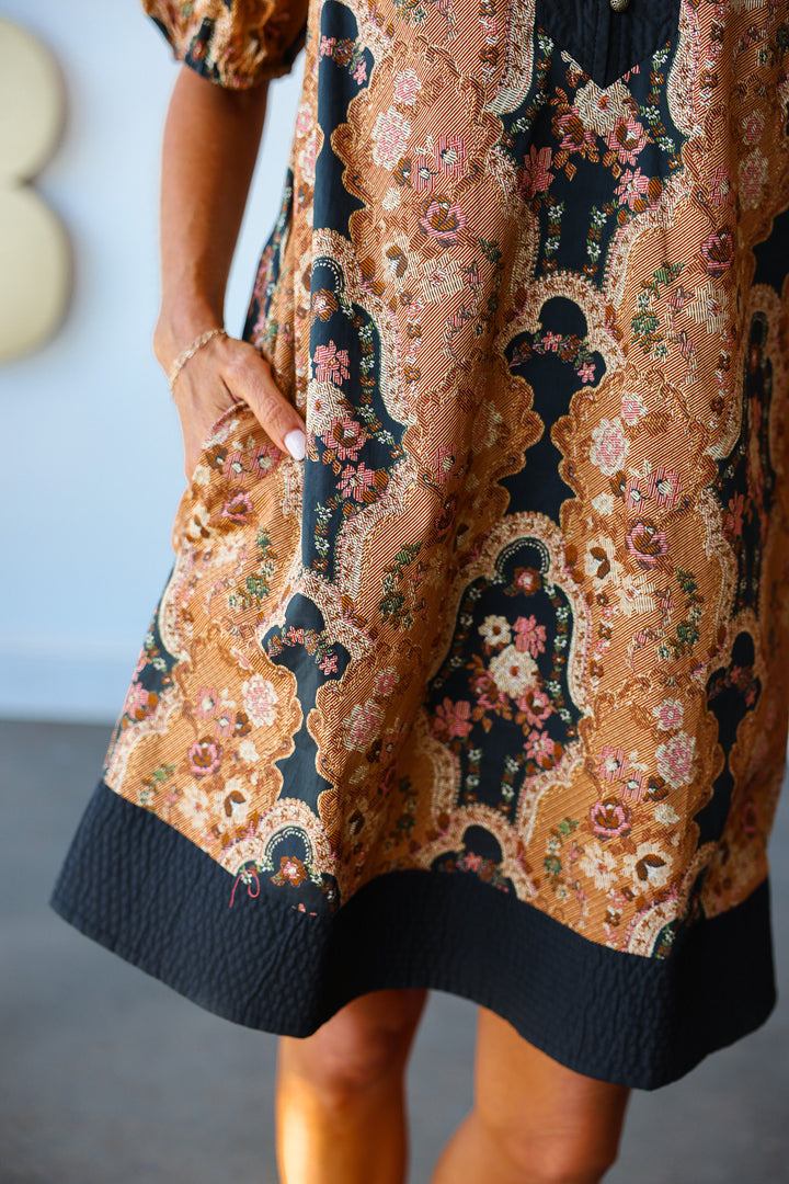 Vintage Print Dress - Camel
