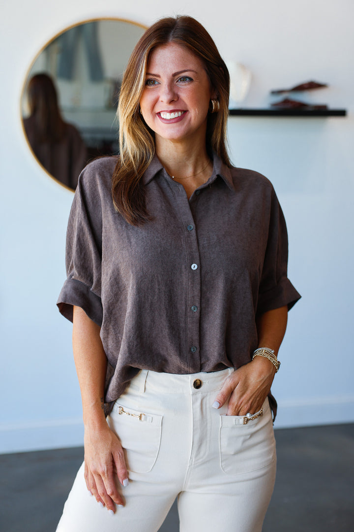 Button Front Top - Brown