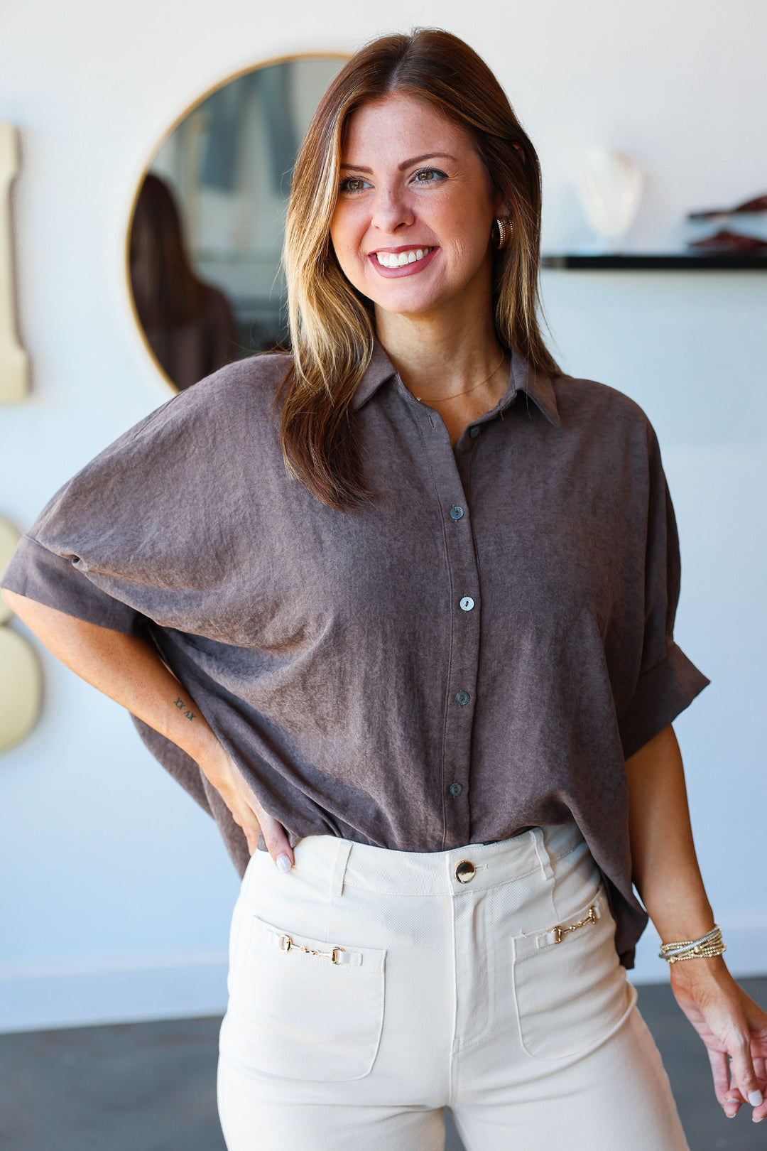 Button Front Top - Brown