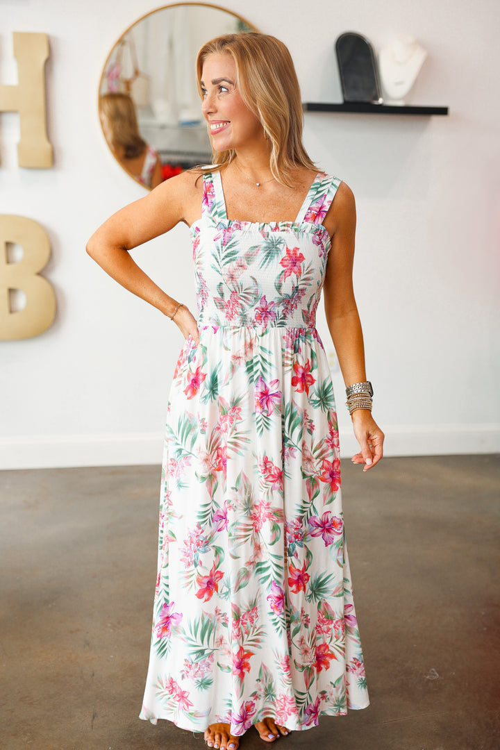 Tropical Printed Smocked Dress