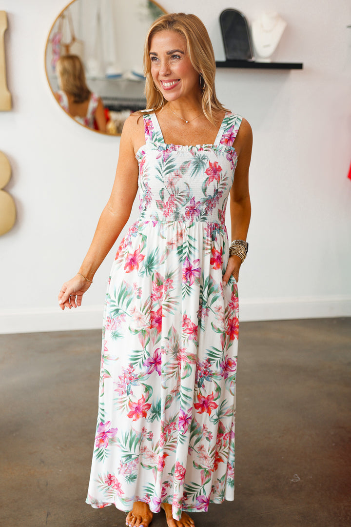 Tropical Printed Smocked Dress
