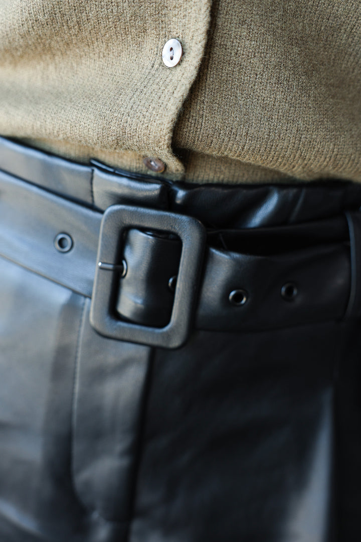 Faux Leather Belted Shorts - Black