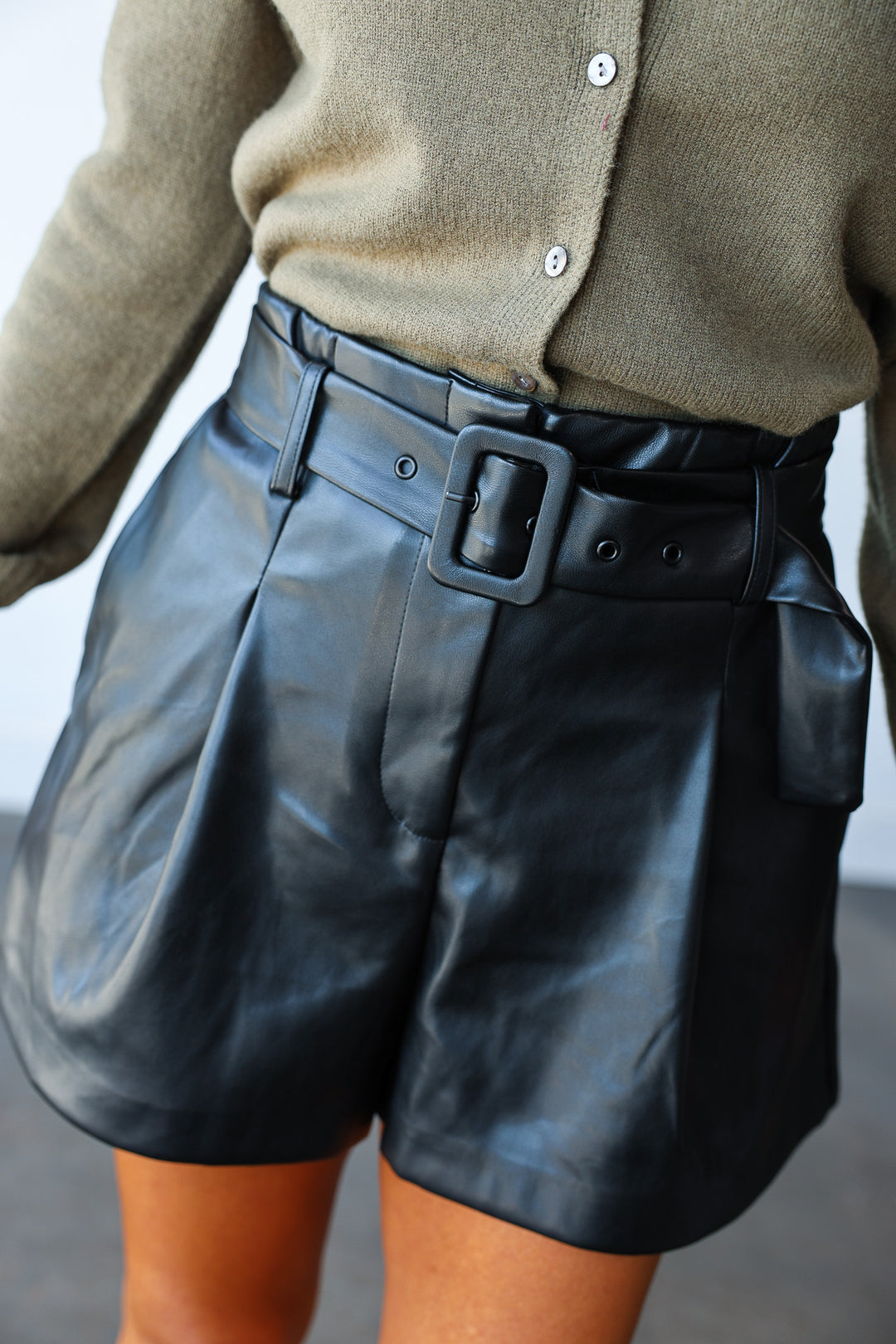 Faux Leather Belted Shorts - Black