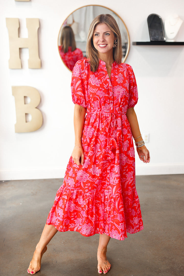 Button Down Floral Midi Dress - Red